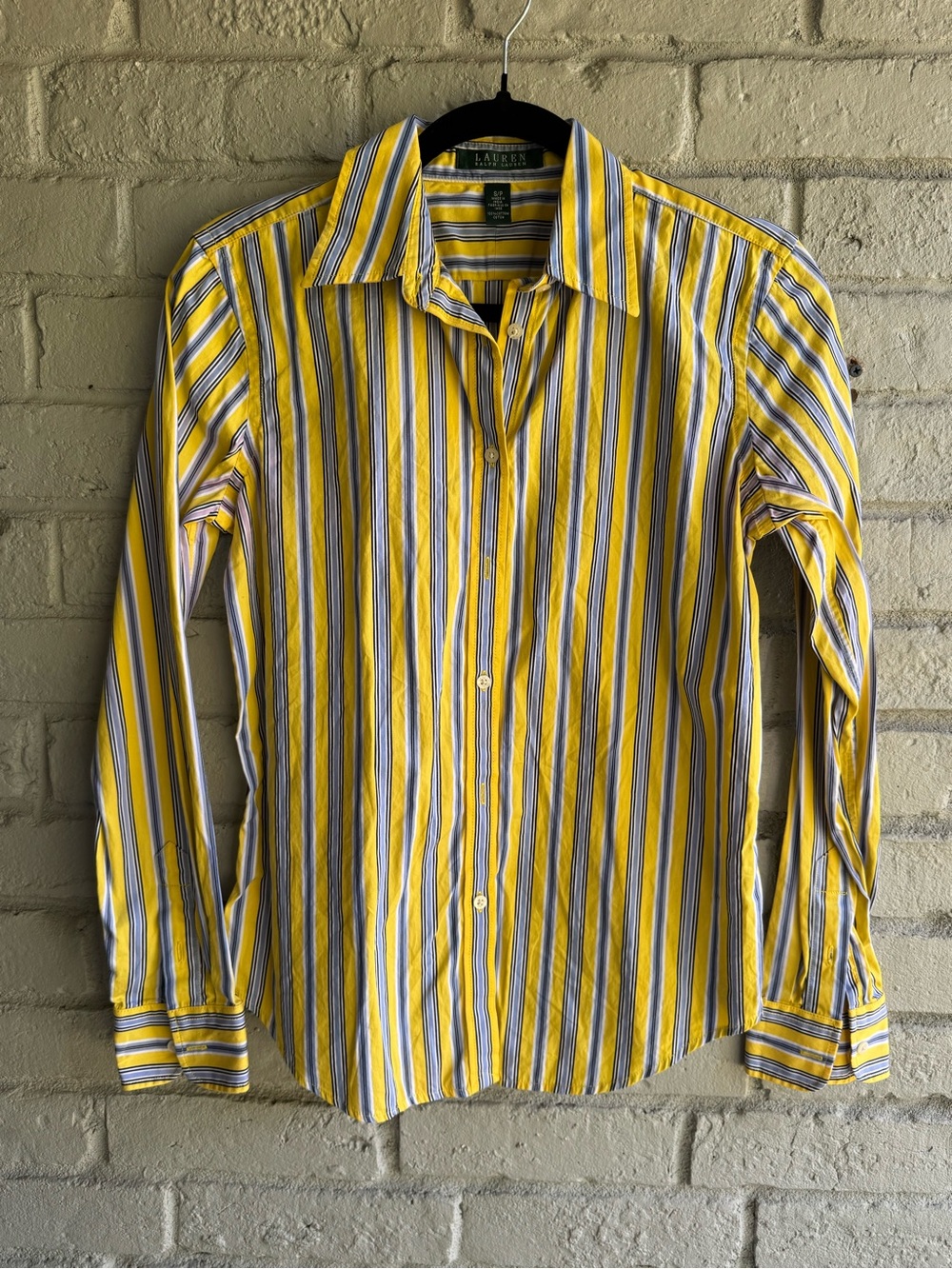 Ralph Lauren Yellow, Blue & White Striped  Shirt S/P 100% cotton  1 button cuff